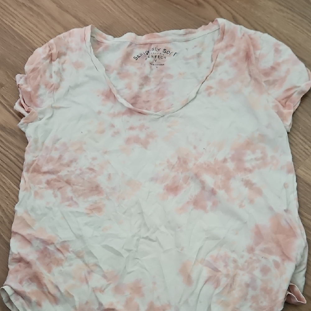 Aeropostale Women's Short Sleeve Tie-Dye Tee - Peach and White